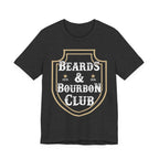 Black t-shirt with 'Beards & Bourbon Club' design on a white background