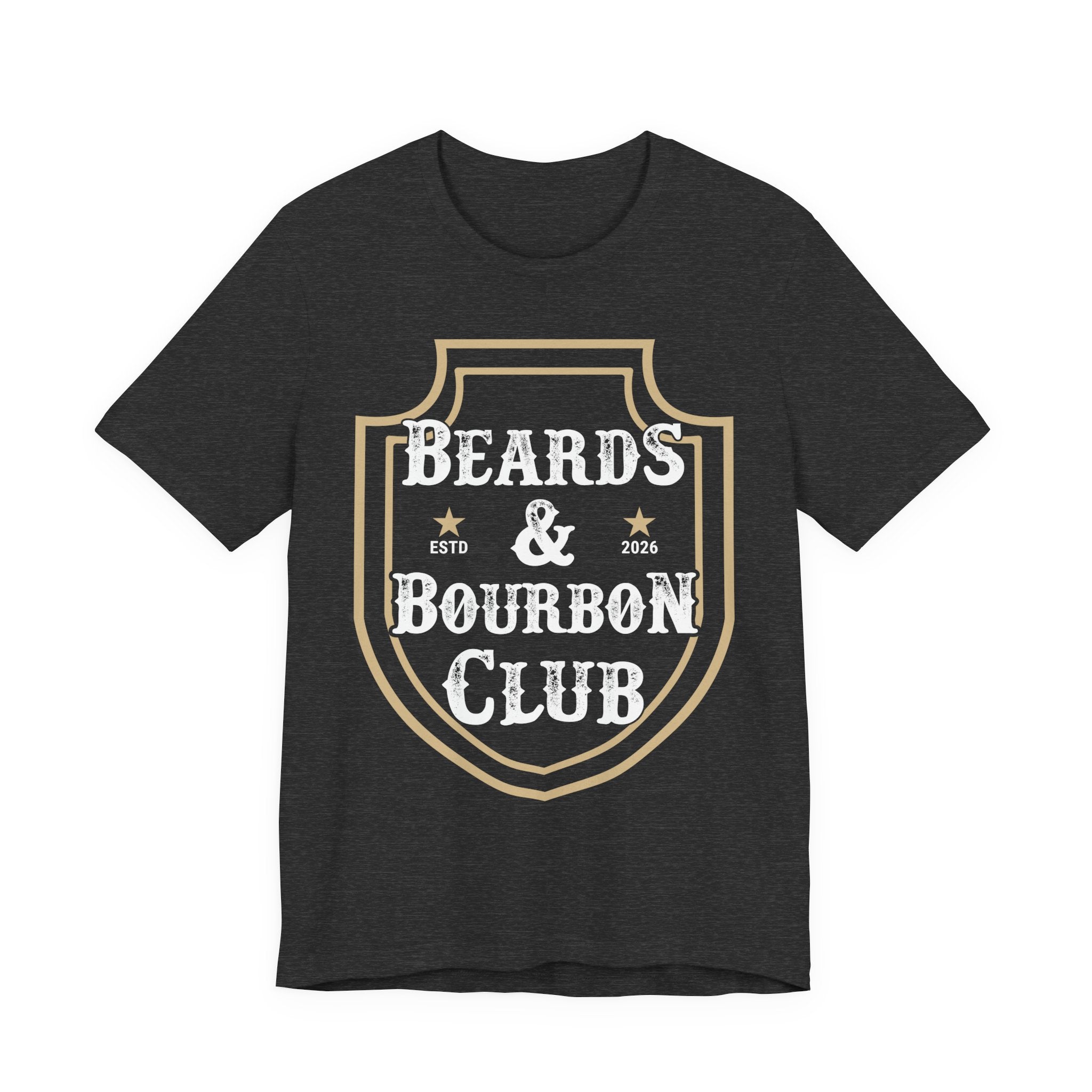Black t-shirt with 'Beards & Bourbon Club' design on a white background