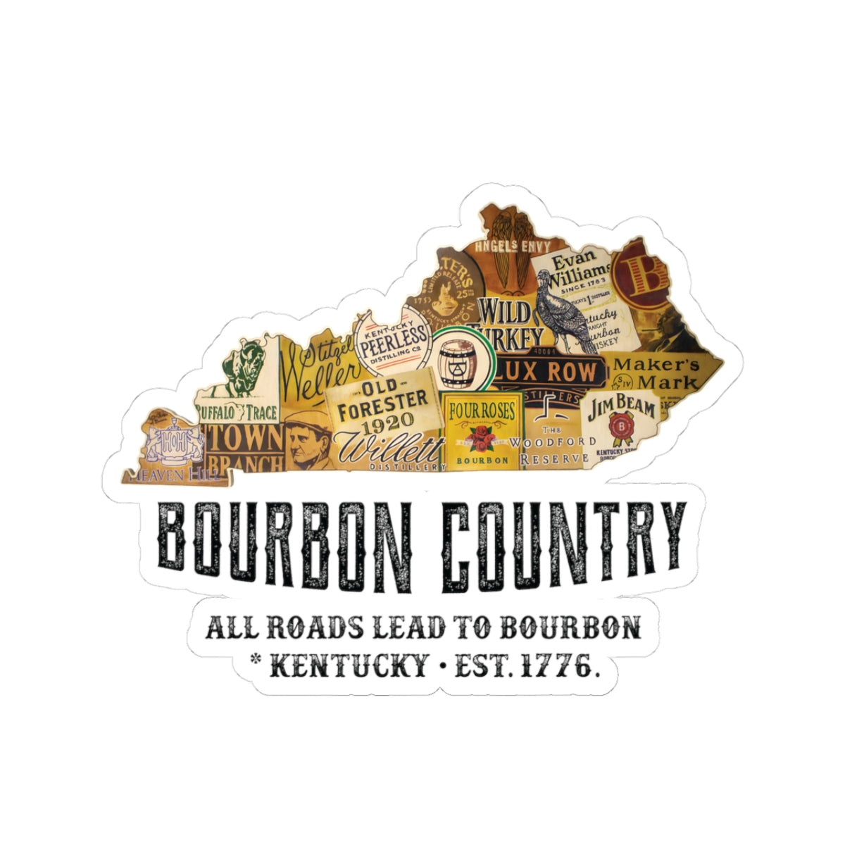 Bourbon Country Sticker — 'All Roads Lead to Bourbon' Kentucky Kiss-Cut Decal