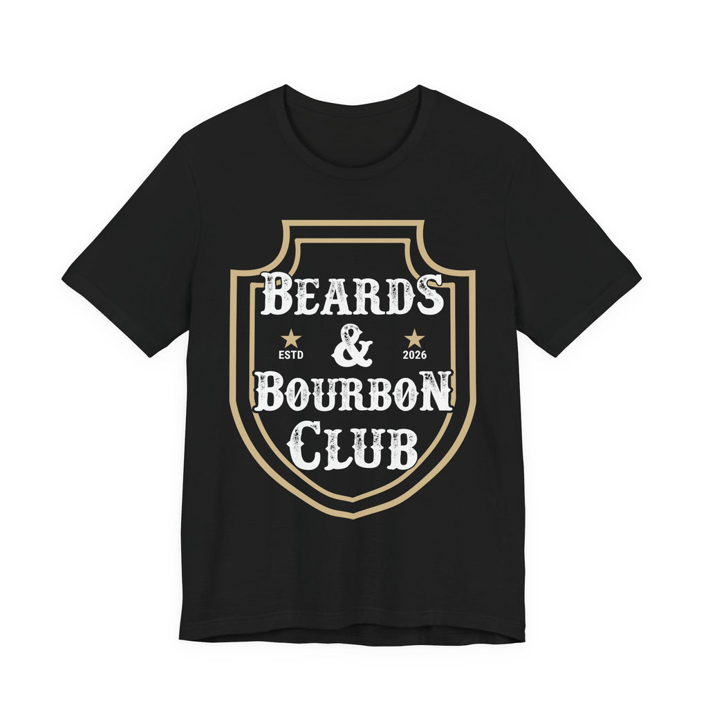 Black t-shirt with 'Beards & Bourbon Club' design on a white background
