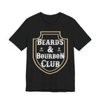 Black t-shirt with 'Beards & Bourbon Club' design on a white background