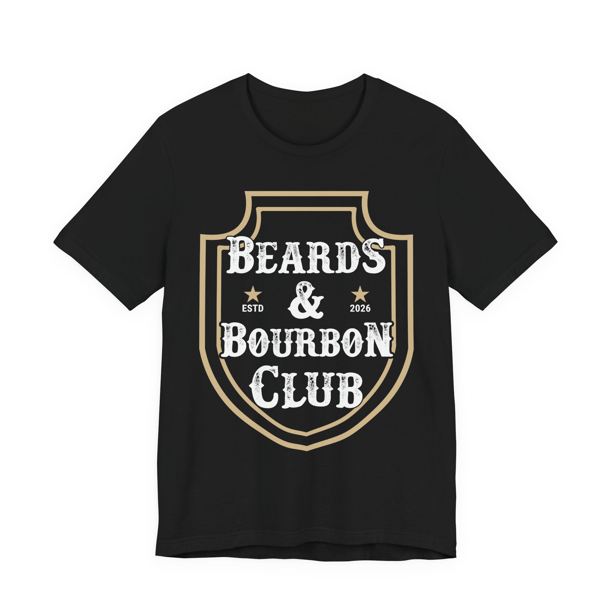 Black t-shirt with 'Beards & Bourbon Club' design on a white background