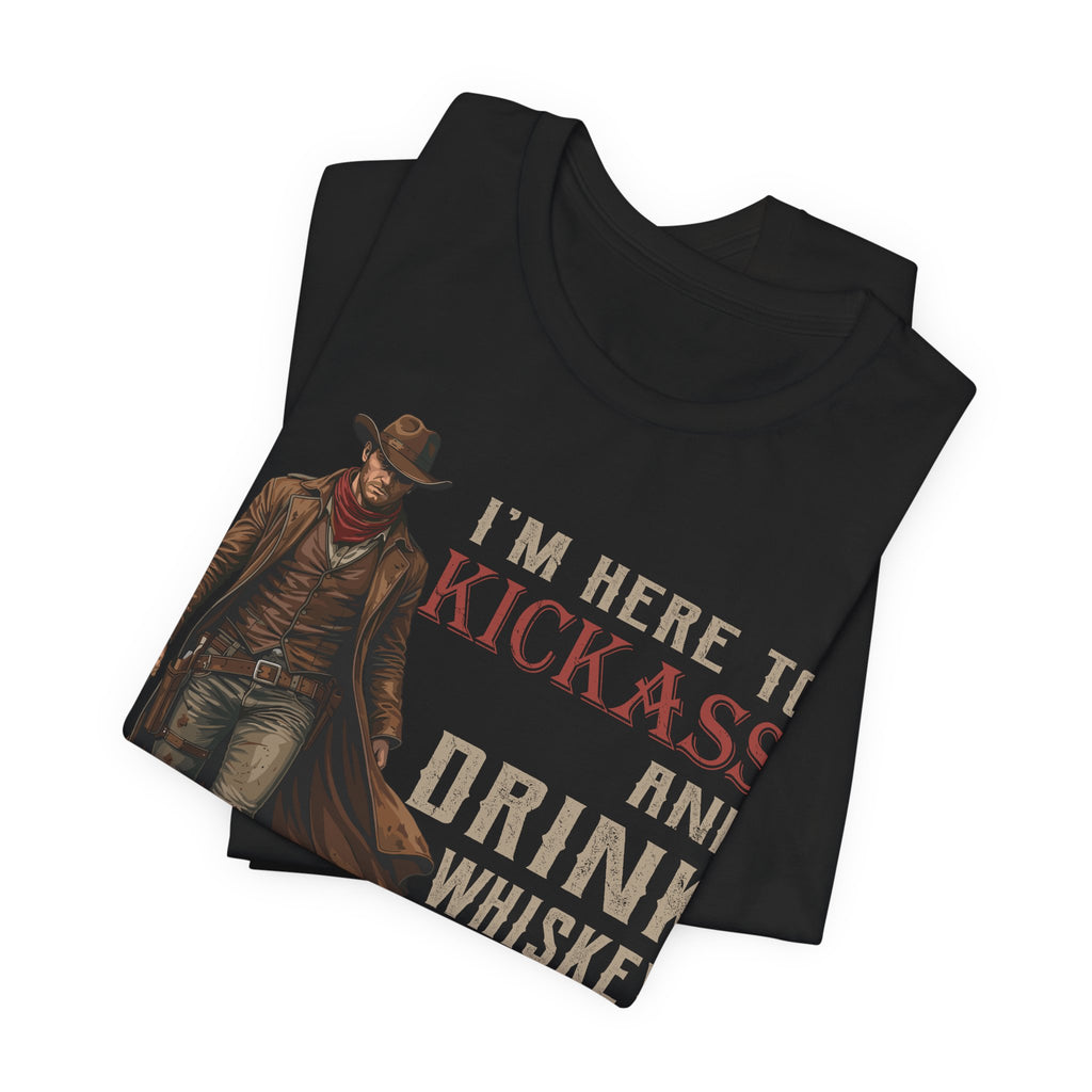 Black t-shirt with a cowboy graphic and text on a white background