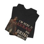 Black t-shirt with a cowboy graphic and text on a white background