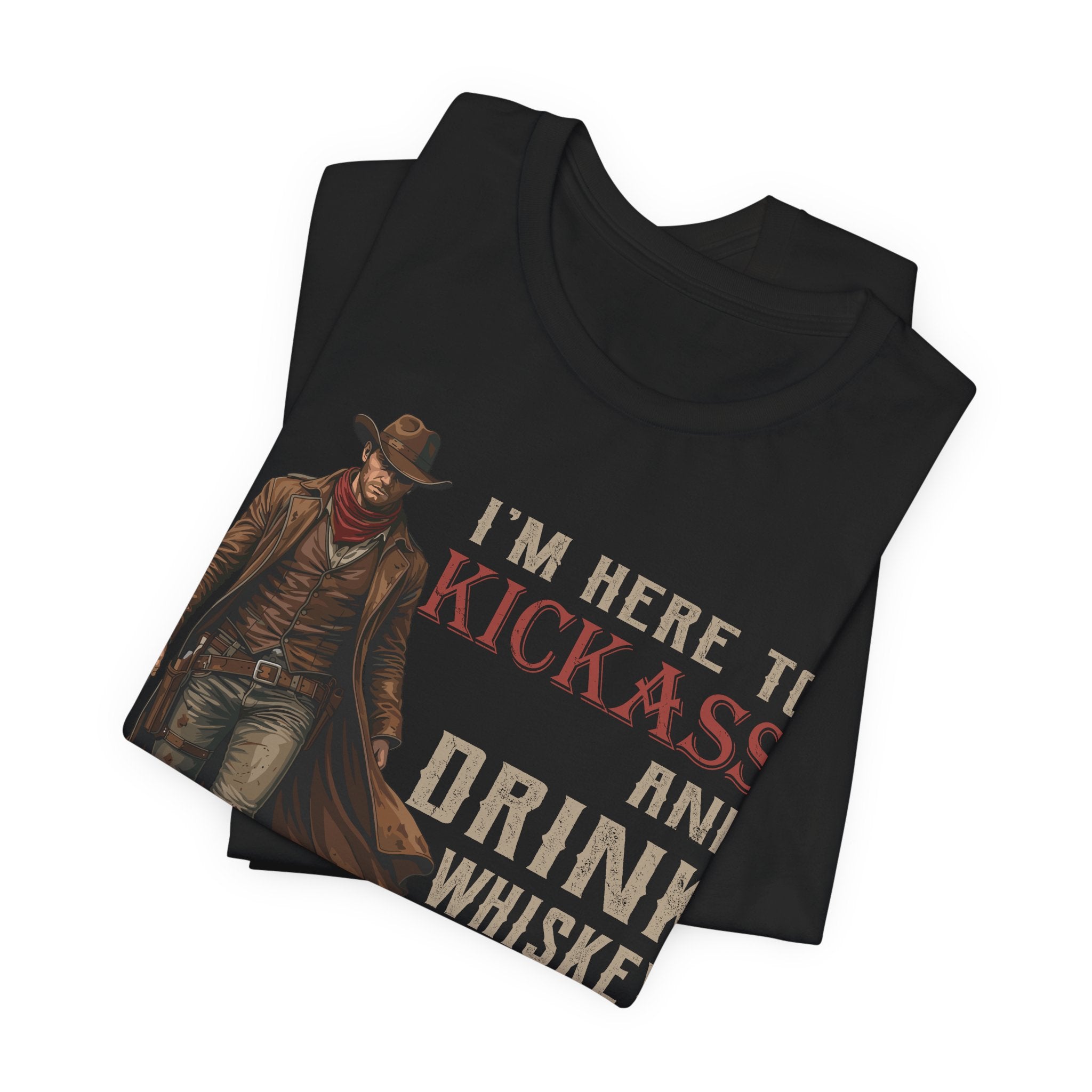Black t-shirt with a cowboy graphic and text on a white background