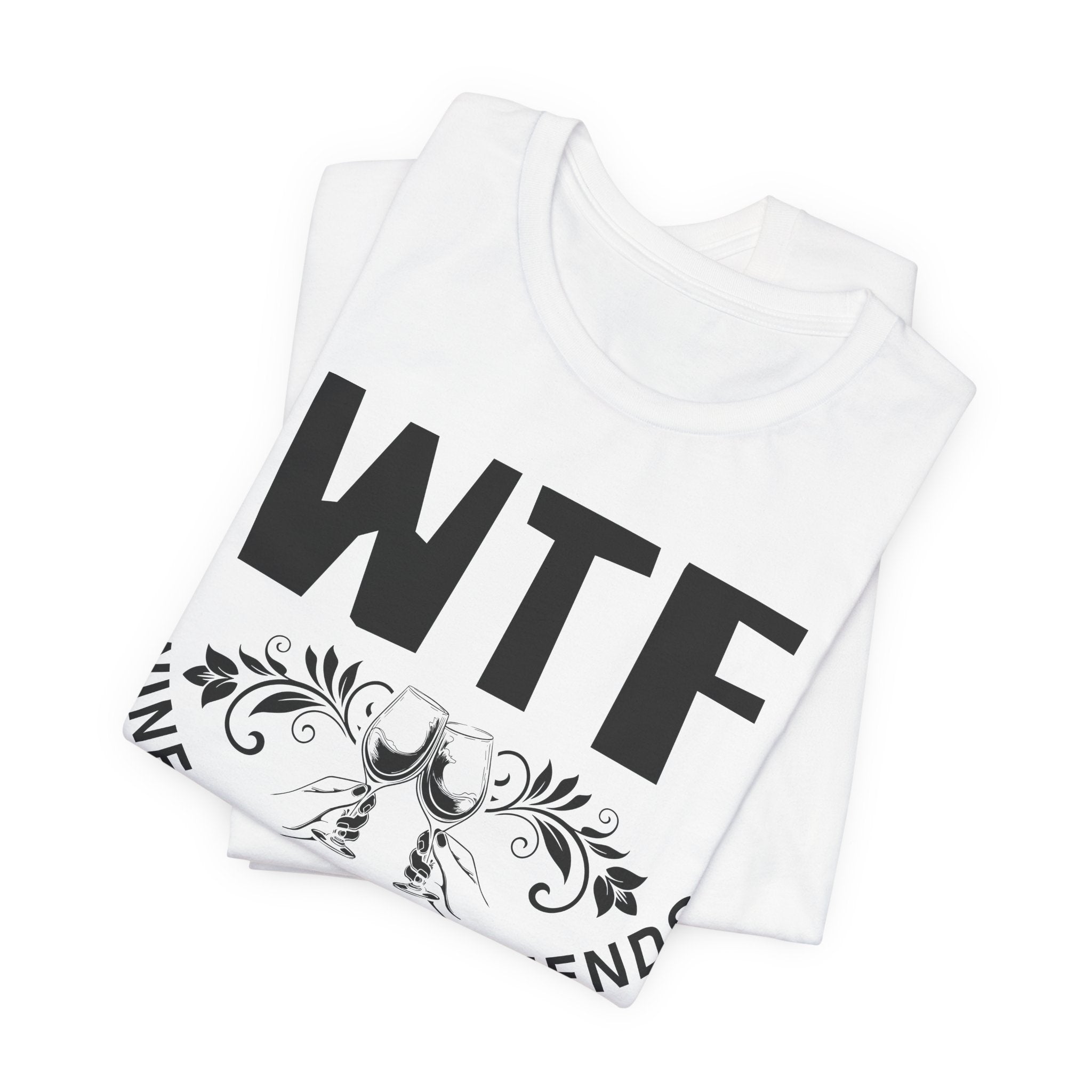 White t-shirt with 'WTF' printed on it, folded and displayed against a white background