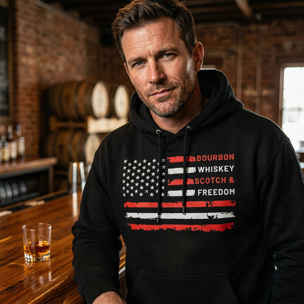 Bourbon, Whiskey, Scotch & Freedom American Flag Premium Hoodie