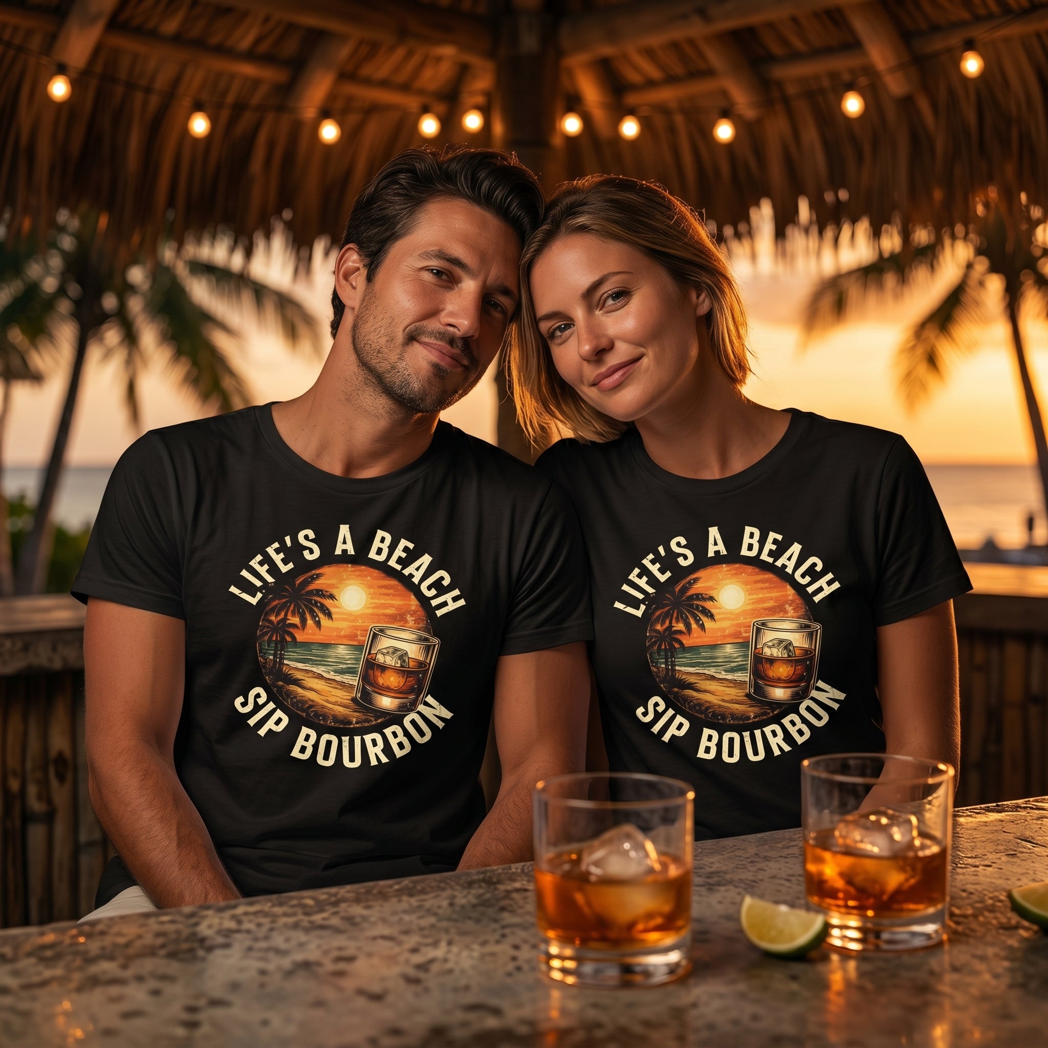 Two people wearing 'Life's a Beach, Sip Bourbon' shirts at a beach bar with drinks.