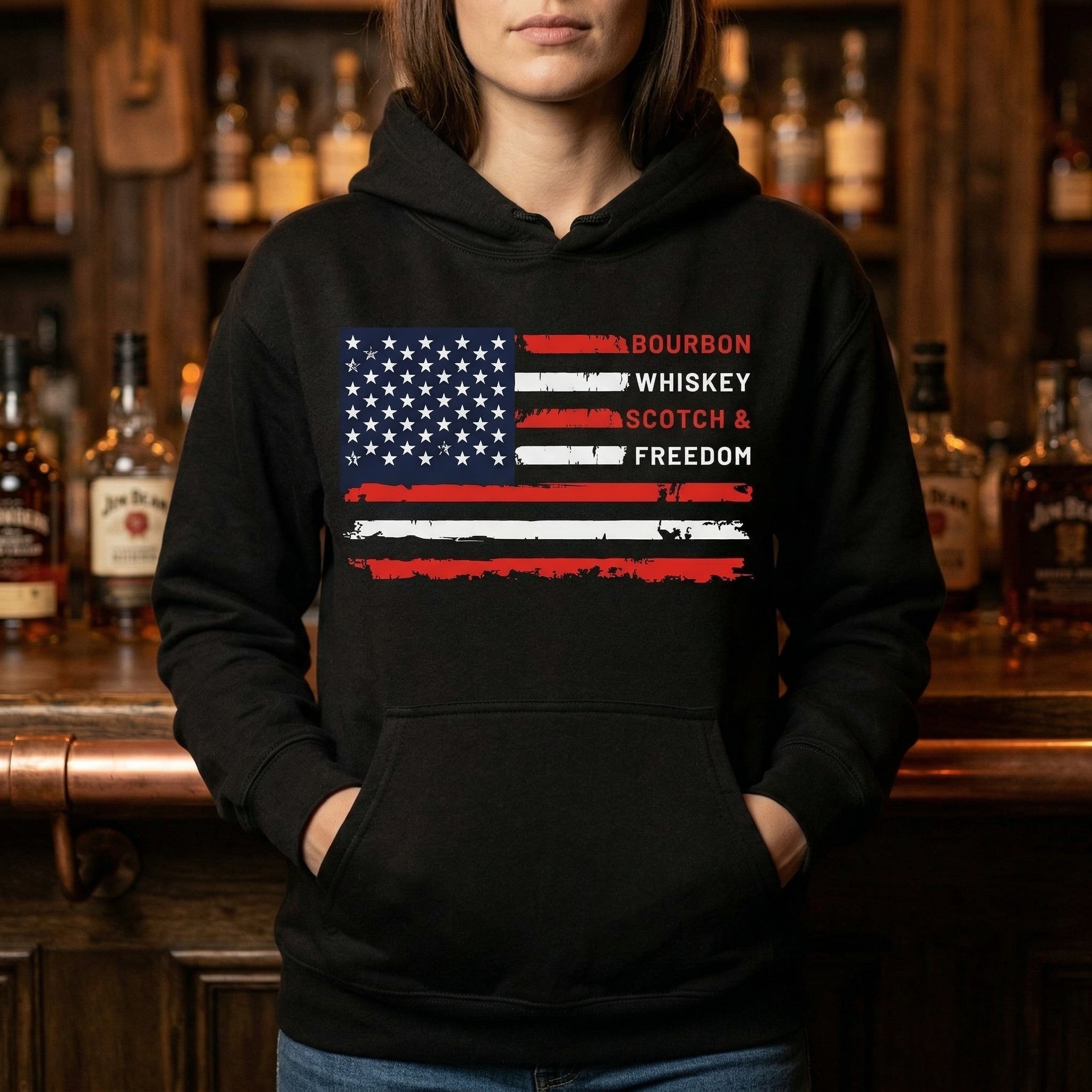 Bourbon, Whiskey, Scotch & Freedom American Flag Premium Hoodie