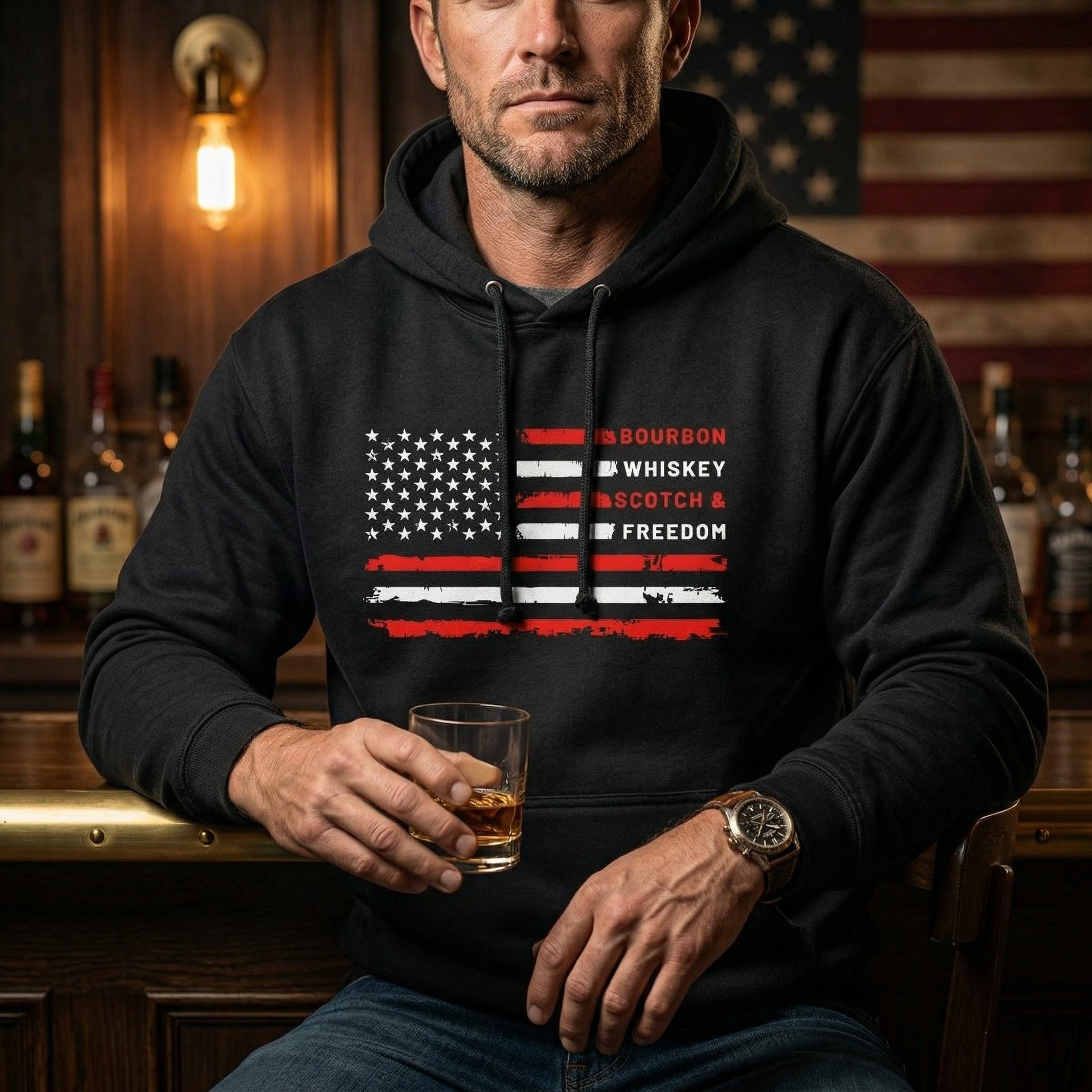 Bourbon, Whiskey, Scotch & Freedom American Flag Premium Hoodie