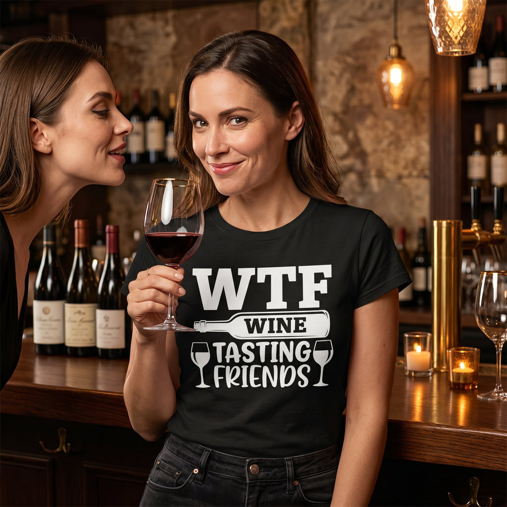 Two women in a bar setting with one holding a glass of wine and wearing a 'WTF Wine Tasting Friends' shirt.